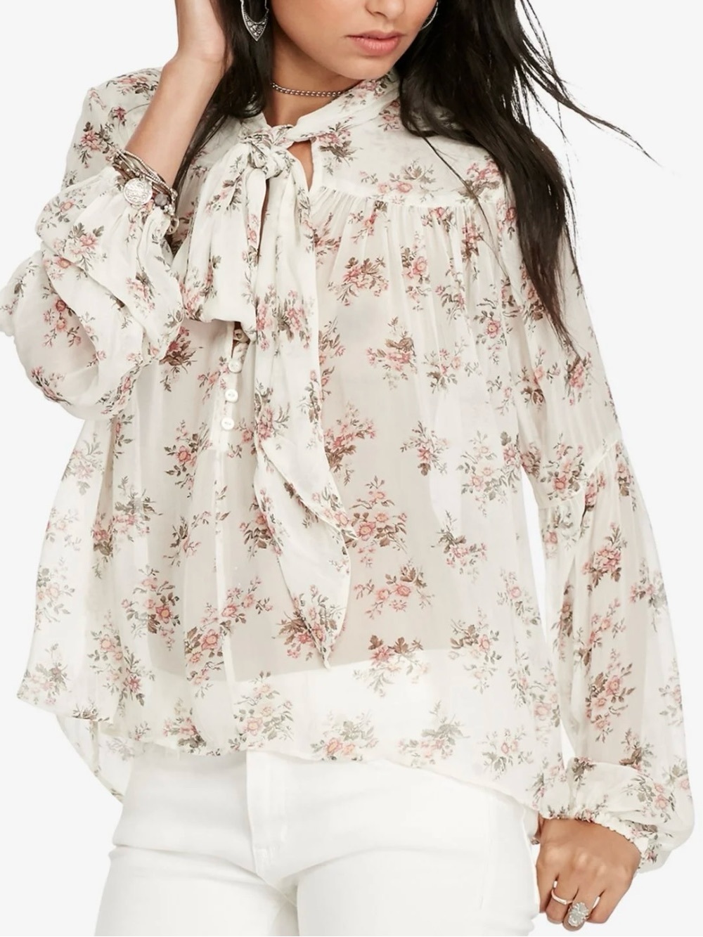 Denim and Supply Ralph Lauren Sheer Gauze Floral Ivory Tie Neck Cottage Blouse